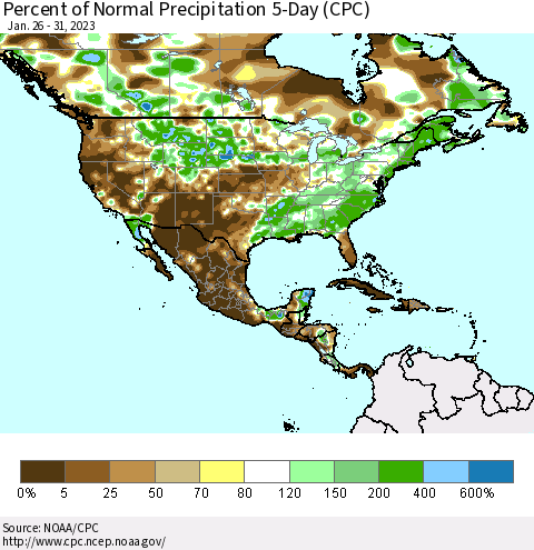 North America Percent of Normal Precipitation 5-Day (CPC) Thematic Map For 1/26/2023 - 1/31/2023