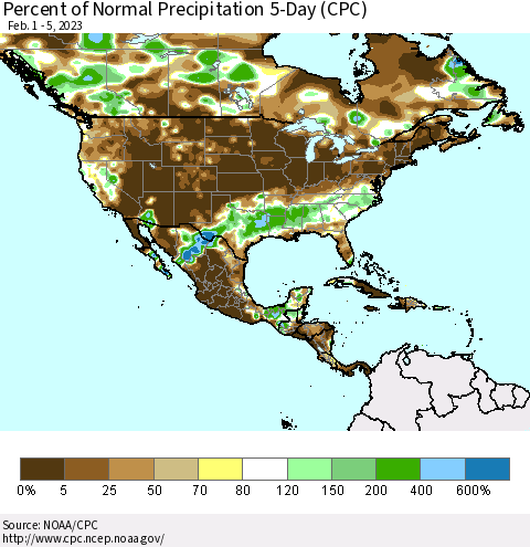 North America Percent of Normal Precipitation 5-Day (CPC) Thematic Map For 2/1/2023 - 2/5/2023