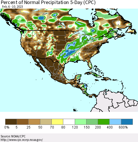 North America Percent of Normal Precipitation 5-Day (CPC) Thematic Map For 2/6/2023 - 2/10/2023