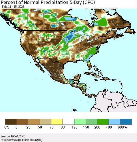 North America Percent of Normal Precipitation 5-Day (CPC) Thematic Map For 2/11/2023 - 2/15/2023
