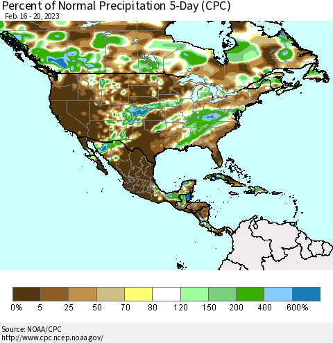 North America Percent of Normal Precipitation 5-Day (CPC) Thematic Map For 2/16/2023 - 2/20/2023