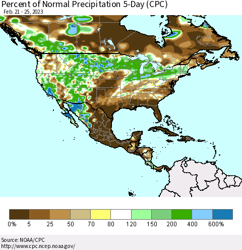 North America Percent of Normal Precipitation 5-Day (CPC) Thematic Map For 2/21/2023 - 2/25/2023