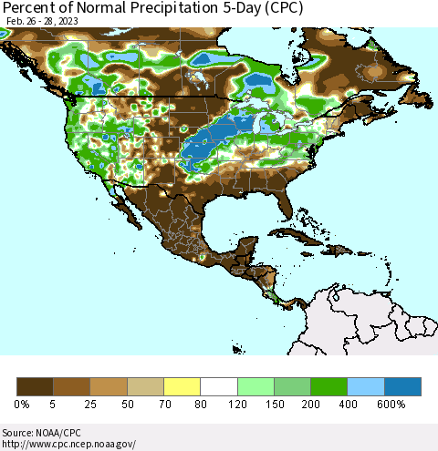 North America Percent of Normal Precipitation 5-Day (CPC) Thematic Map For 2/26/2023 - 2/28/2023