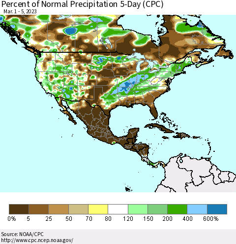North America Percent of Normal Precipitation 5-Day (CPC) Thematic Map For 3/1/2023 - 3/5/2023