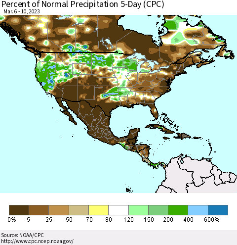 North America Percent of Normal Precipitation 5-Day (CPC) Thematic Map For 3/6/2023 - 3/10/2023