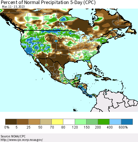 North America Percent of Normal Precipitation 5-Day (CPC) Thematic Map For 3/11/2023 - 3/15/2023