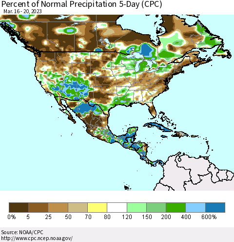 North America Percent of Normal Precipitation 5-Day (CPC) Thematic Map For 3/16/2023 - 3/20/2023