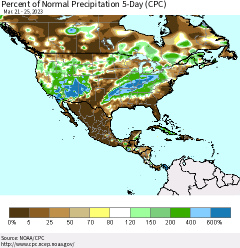 North America Percent of Normal Precipitation 5-Day (CPC) Thematic Map For 3/21/2023 - 3/25/2023