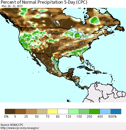 North America Percent of Normal Precipitation 5-Day (CPC) Thematic Map For 3/26/2023 - 3/31/2023