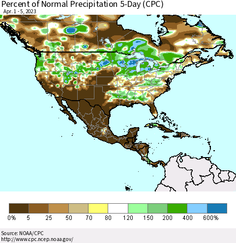 North America Percent of Normal Precipitation 5-Day (CPC) Thematic Map For 4/1/2023 - 4/5/2023