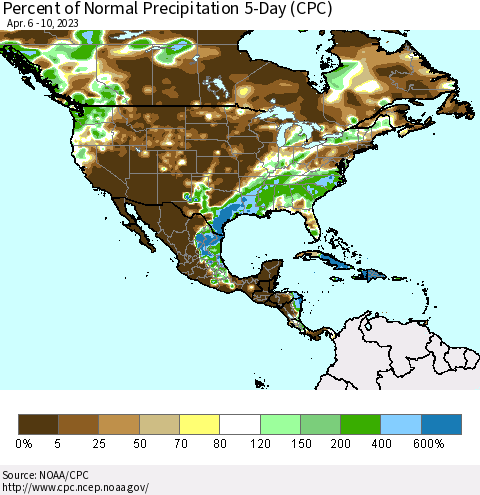North America Percent of Normal Precipitation 5-Day (CPC) Thematic Map For 4/6/2023 - 4/10/2023