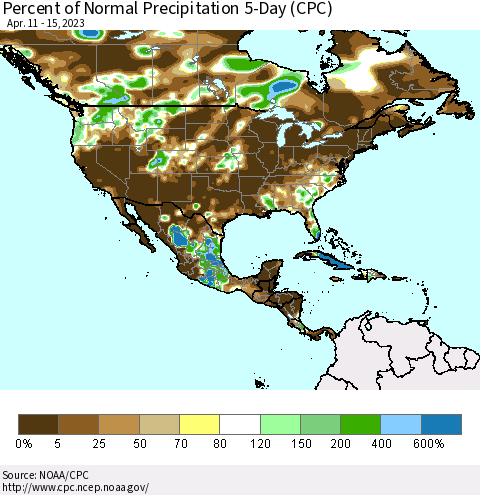 North America Percent of Normal Precipitation 5-Day (CPC) Thematic Map For 4/11/2023 - 4/15/2023