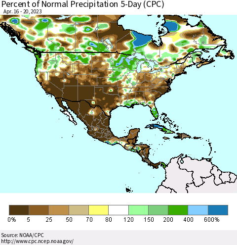 North America Percent of Normal Precipitation 5-Day (CPC) Thematic Map For 4/16/2023 - 4/20/2023