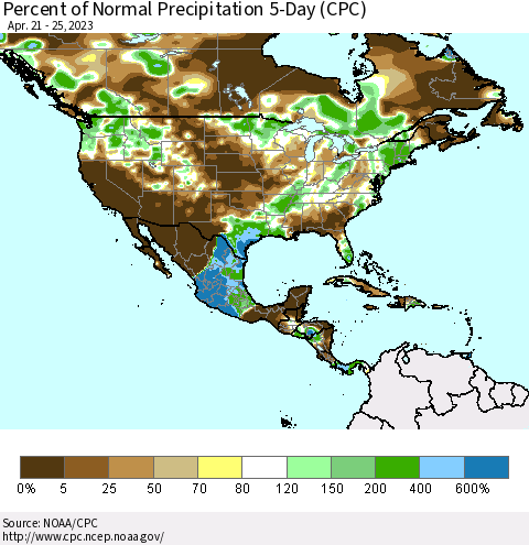 North America Percent of Normal Precipitation 5-Day (CPC) Thematic Map For 4/21/2023 - 4/25/2023