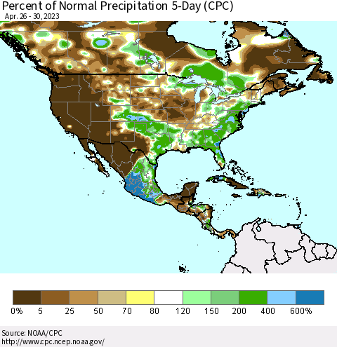 North America Percent of Normal Precipitation 5-Day (CPC) Thematic Map For 4/26/2023 - 4/30/2023