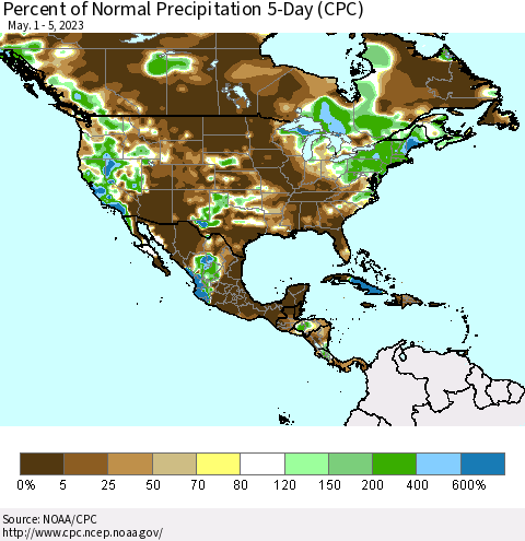 North America Percent of Normal Precipitation 5-Day (CPC) Thematic Map For 5/1/2023 - 5/5/2023