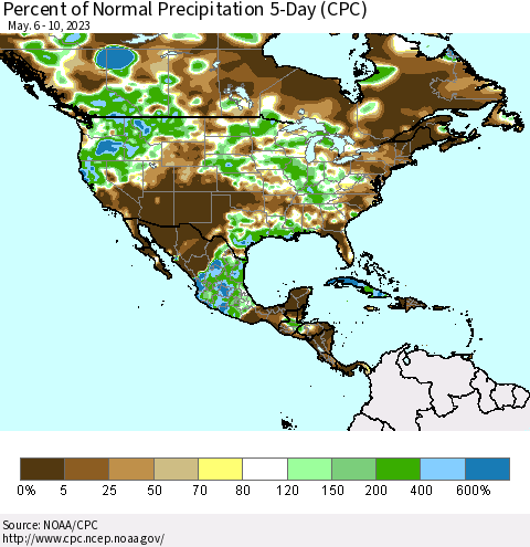North America Percent of Normal Precipitation 5-Day (CPC) Thematic Map For 5/6/2023 - 5/10/2023