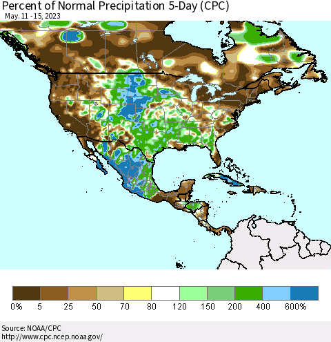 North America Percent of Normal Precipitation 5-Day (CPC) Thematic Map For 5/11/2023 - 5/15/2023