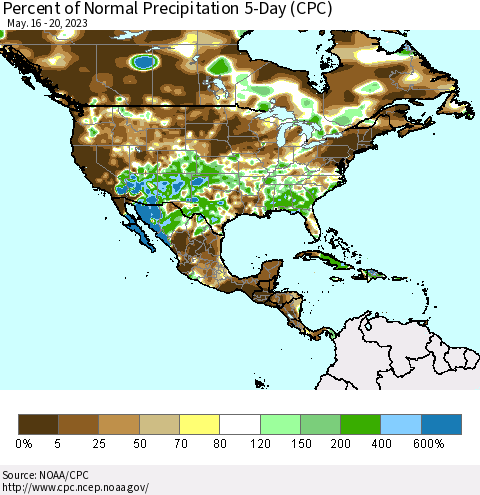 North America Percent of Normal Precipitation 5-Day (CPC) Thematic Map For 5/16/2023 - 5/20/2023