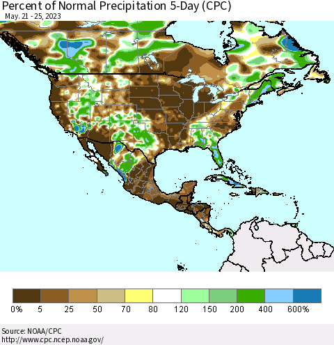 North America Percent of Normal Precipitation 5-Day (CPC) Thematic Map For 5/21/2023 - 5/25/2023