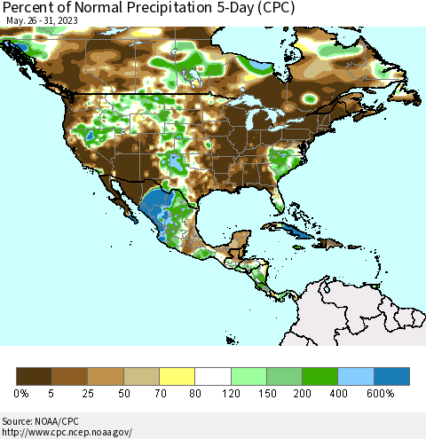 North America Percent of Normal Precipitation 5-Day (CPC) Thematic Map For 5/26/2023 - 5/31/2023