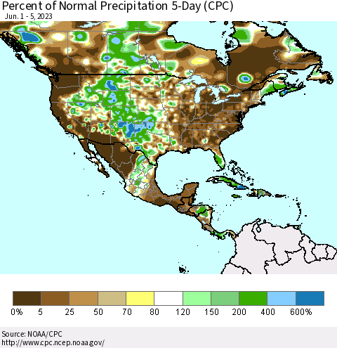 North America Percent of Normal Precipitation 5-Day (CPC) Thematic Map For 6/1/2023 - 6/5/2023