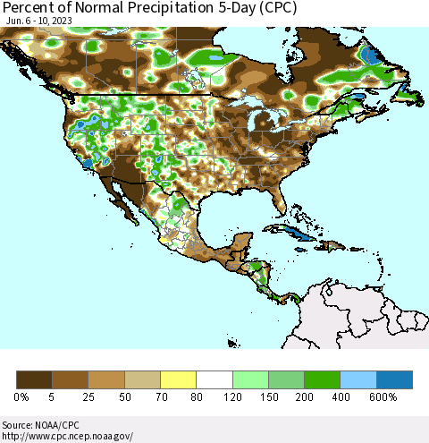 North America Percent of Normal Precipitation 5-Day (CPC) Thematic Map For 6/6/2023 - 6/10/2023