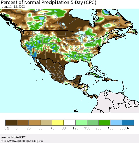 North America Percent of Normal Precipitation 5-Day (CPC) Thematic Map For 6/11/2023 - 6/15/2023