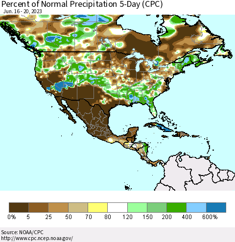 North America Percent of Normal Precipitation 5-Day (CPC) Thematic Map For 6/16/2023 - 6/20/2023