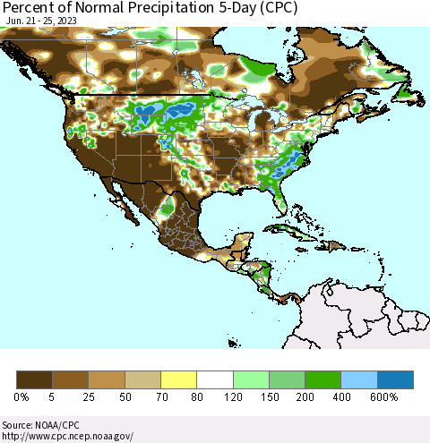 North America Percent of Normal Precipitation 5-Day (CPC) Thematic Map For 6/21/2023 - 6/25/2023