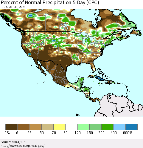 North America Percent of Normal Precipitation 5-Day (CPC) Thematic Map For 6/26/2023 - 6/30/2023