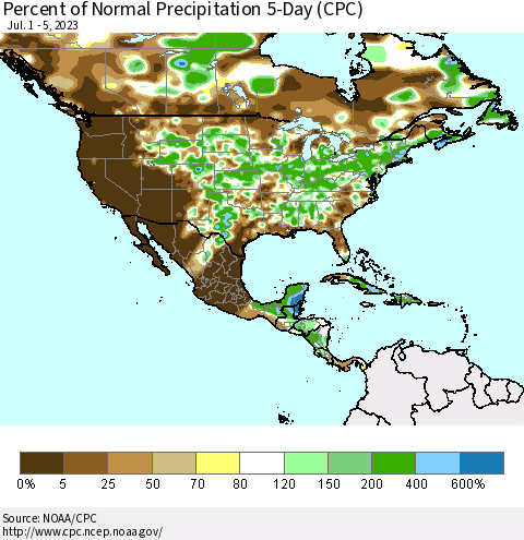 North America Percent of Normal Precipitation 5-Day (CPC) Thematic Map For 7/1/2023 - 7/5/2023