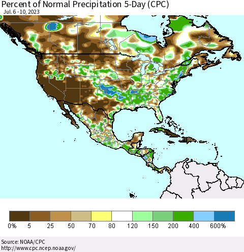 North America Percent of Normal Precipitation 5-Day (CPC) Thematic Map For 7/6/2023 - 7/10/2023
