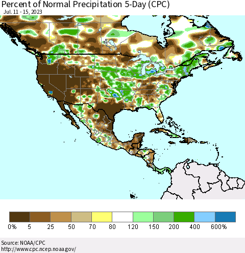 North America Percent of Normal Precipitation 5-Day (CPC) Thematic Map For 7/11/2023 - 7/15/2023