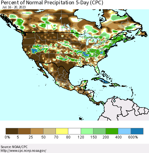 North America Percent of Normal Precipitation 5-Day (CPC) Thematic Map For 7/16/2023 - 7/20/2023