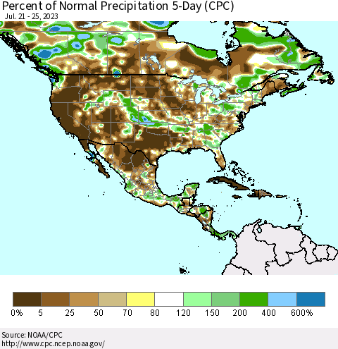 North America Percent of Normal Precipitation 5-Day (CPC) Thematic Map For 7/21/2023 - 7/25/2023