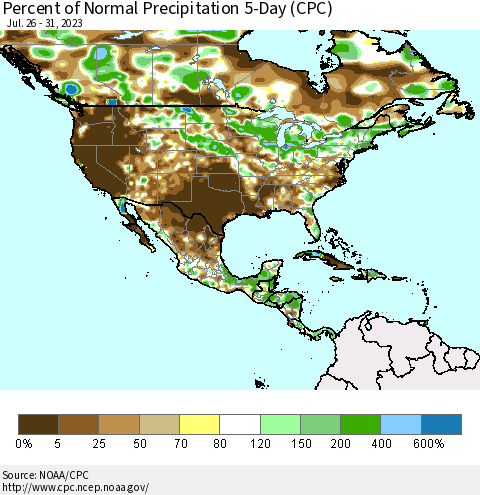 North America Percent of Normal Precipitation 5-Day (CPC) Thematic Map For 7/26/2023 - 7/31/2023