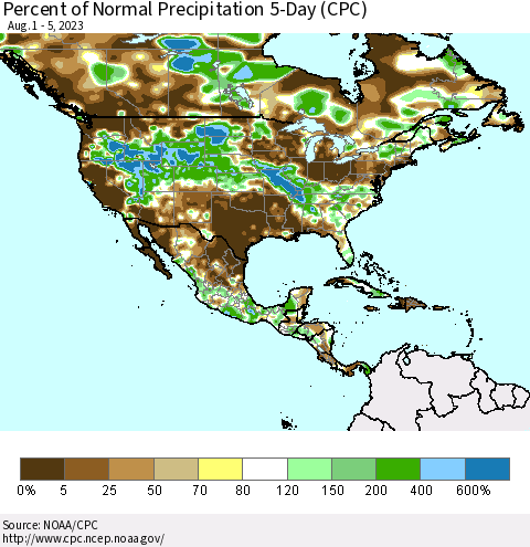 North America Percent of Normal Precipitation 5-Day (CPC) Thematic Map For 8/1/2023 - 8/5/2023