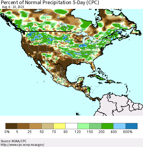 North America Percent of Normal Precipitation 5-Day (CPC) Thematic Map For 8/6/2023 - 8/10/2023