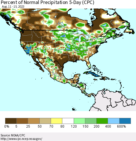 North America Percent of Normal Precipitation 5-Day (CPC) Thematic Map For 8/11/2023 - 8/15/2023