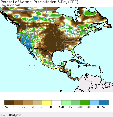 North America Percent of Normal Precipitation 5-Day (CPC) Thematic Map For 8/16/2023 - 8/20/2023