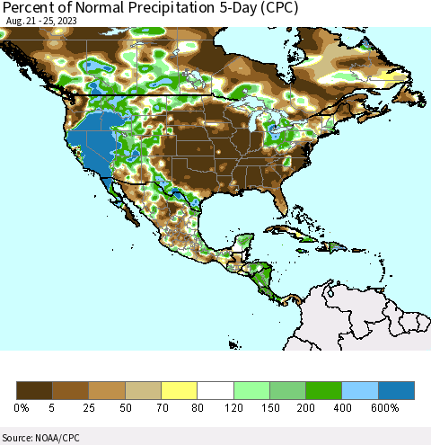 North America Percent of Normal Precipitation 5-Day (CPC) Thematic Map For 8/21/2023 - 8/25/2023