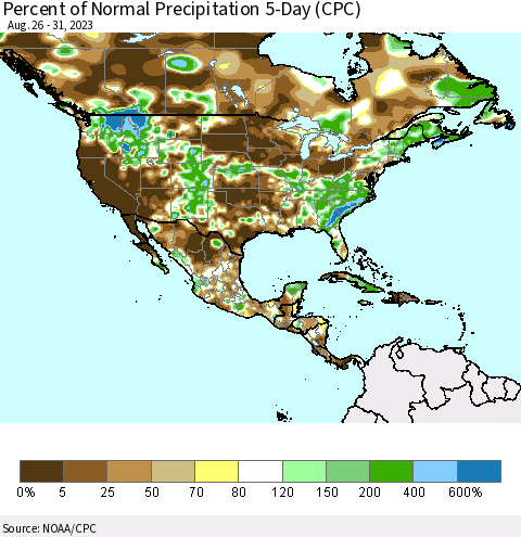 North America Percent of Normal Precipitation 5-Day (CPC) Thematic Map For 8/26/2023 - 8/31/2023