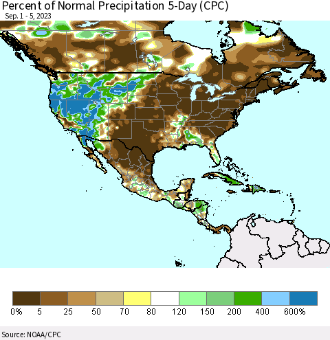 North America Percent of Normal Precipitation 5-Day (CPC) Thematic Map For 9/1/2023 - 9/5/2023
