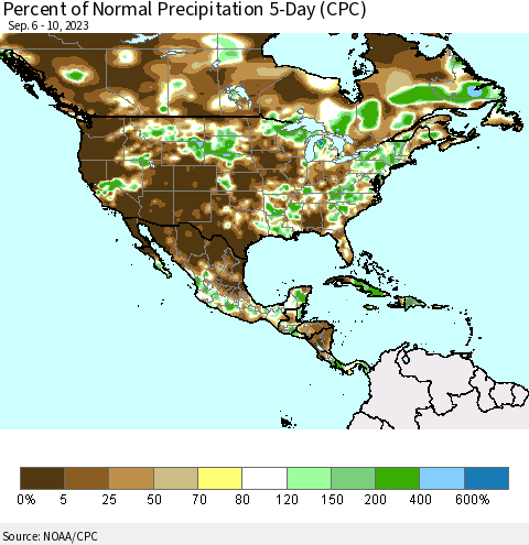 North America Percent of Normal Precipitation 5-Day (CPC) Thematic Map For 9/6/2023 - 9/10/2023