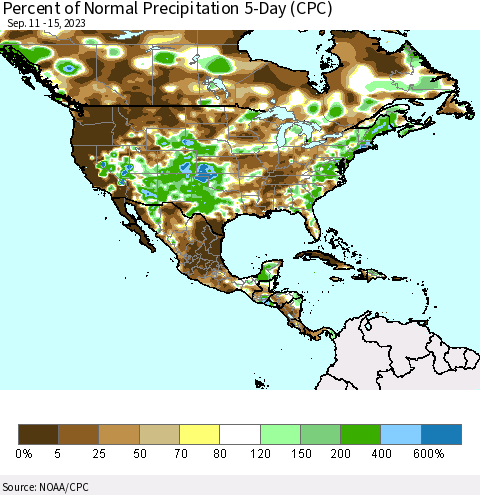 North America Percent of Normal Precipitation 5-Day (CPC) Thematic Map For 9/11/2023 - 9/15/2023