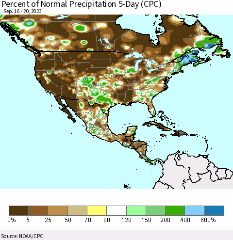 North America Percent of Normal Precipitation 5-Day (CPC) Thematic Map For 9/16/2023 - 9/20/2023