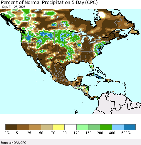 North America Percent of Normal Precipitation 5-Day (CPC) Thematic Map For 9/21/2023 - 9/25/2023