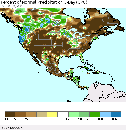 North America Percent of Normal Precipitation 5-Day (CPC) Thematic Map For 9/26/2023 - 9/30/2023