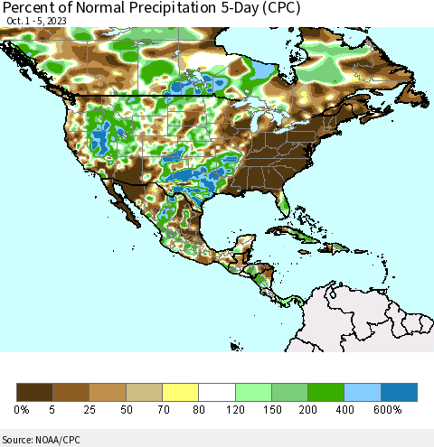 North America Percent of Normal Precipitation 5-Day (CPC) Thematic Map For 10/1/2023 - 10/5/2023